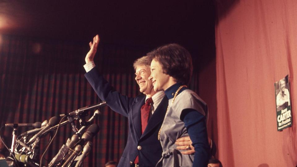 PHOTO: Presidential candidate Jimmy Carter and his wife, Rosalynn Carter, celebrate victory in the New Hampshire Democratic Primary election, Feb. 24, 1976.  (Mikki Ansin/Getty Images)