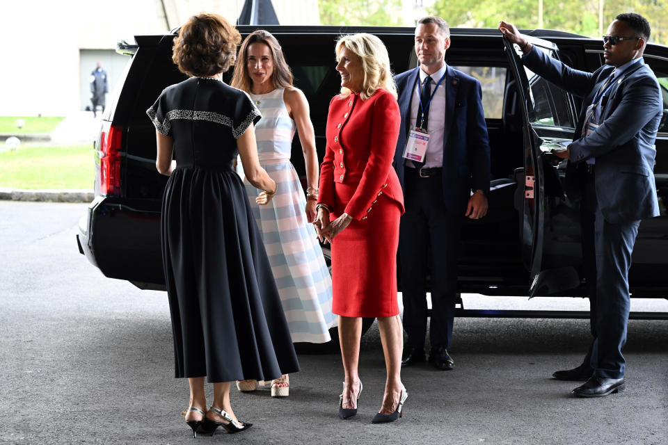 First Lady Jill Biden and her daughter Ashley Biden, second left, are welcomed by Unesco Director General Audrey Azoulay, left, at the UNESCO headquarters in Paris, Tuesday, July 25, 2023. U.S. first lady Jill Biden visited Paris on Tuesday to attend a flag-raising ceremony at UNESCO, marking Washington's official reentry into the U.N. agency after a five-year hiatus. (Bertrand Guay, Pool via AP)