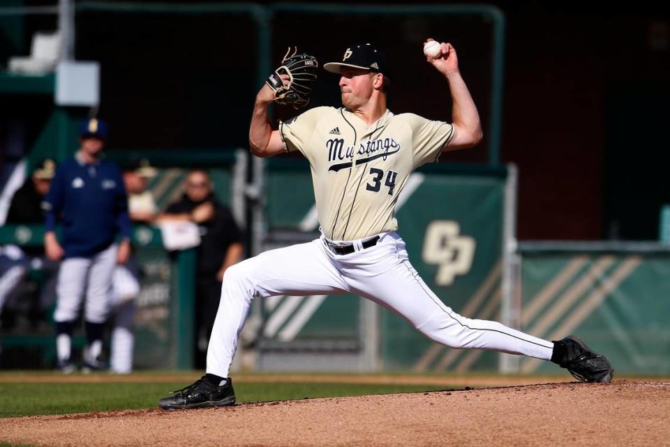 Cal Poly’s Travis Weston (34) pitches in the Mustangs’ 9-7 loss to UC Irvine in a Big West Conference baseball game at Baggett Stadium, San Luis Obispo on March 25, 2023.