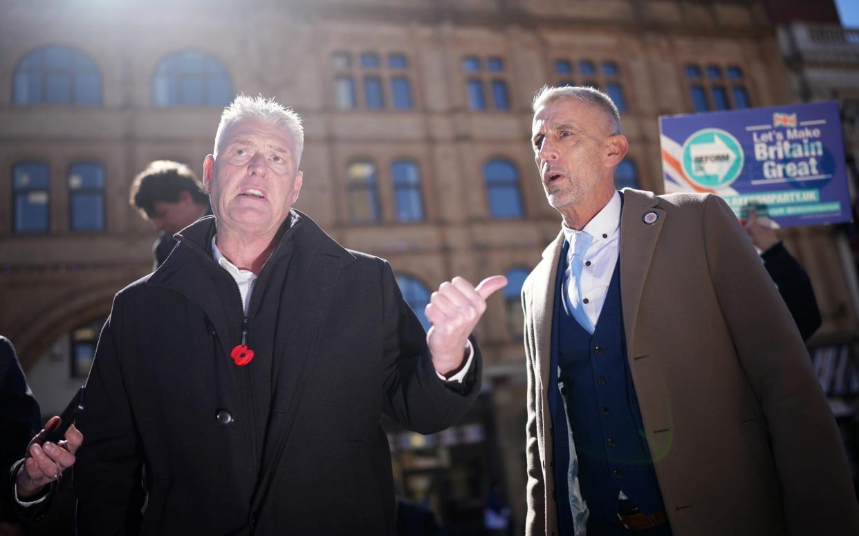 Lee Anderson, the Reform UK MP, is pictured alongside Mark Butcher, the party's candidate in the Blackpool South by-election, in Blackpool today