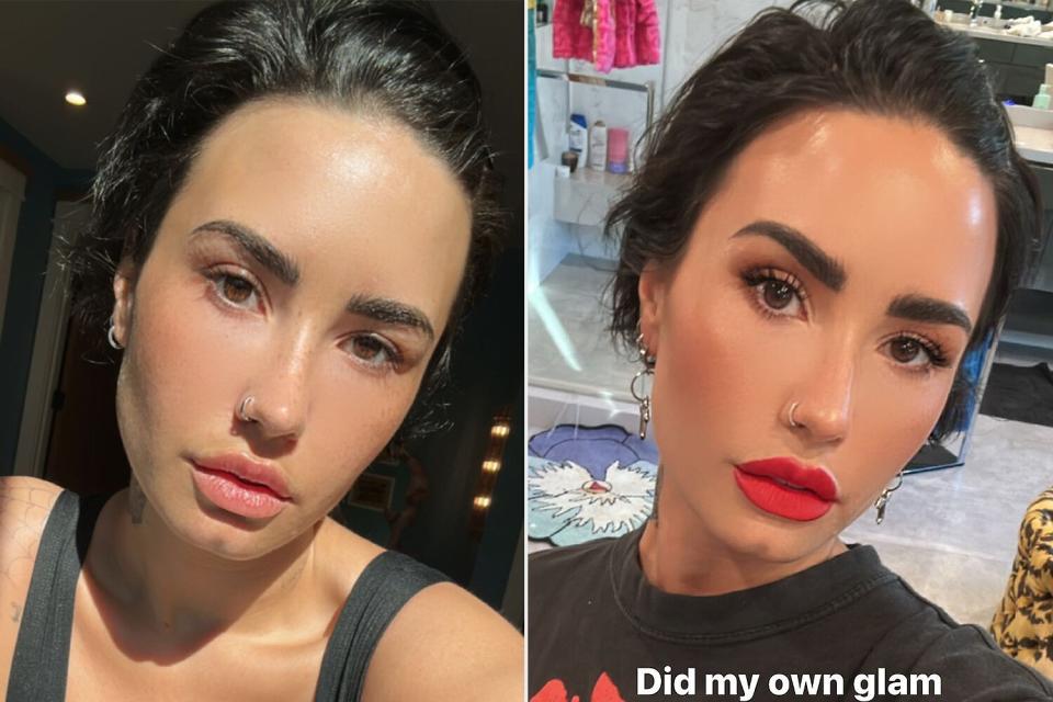 Demi Lovato doing their own glam for the 2-23 Pre-Grammys party