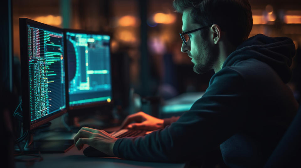 A close-up of a coder at a computer, coding away to bring the latest software service to life.