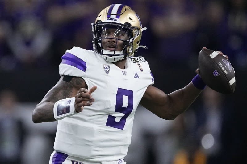 Former Washington Huskies star Michael Penix Jr. is one of six quarterbacks I expect to be picked in the first round of the 2024 NFL Draft. File Photo by Kevin M. Cox/UPI