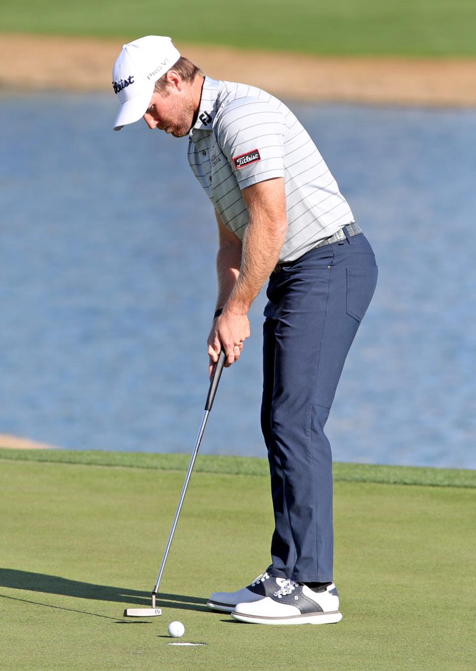 Tyler Duncan putts on the 18th green on the Nicklaus Tournament Course at PGA West during the first-round of The American Express in La Quinta, Calif., on Thursday, Jan. 19, 2023. 