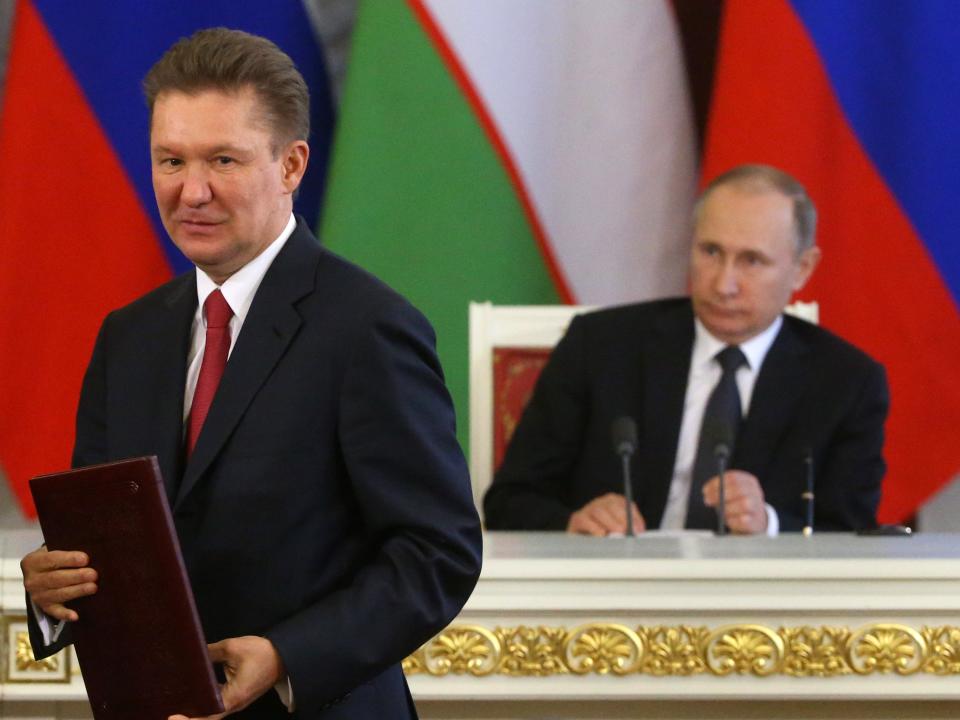 Gazprom's CEO Alexei Miller (L) attends a signing ceremony at the Grand Kremlin Palace April 5, 2017 in Moscow, Russia.