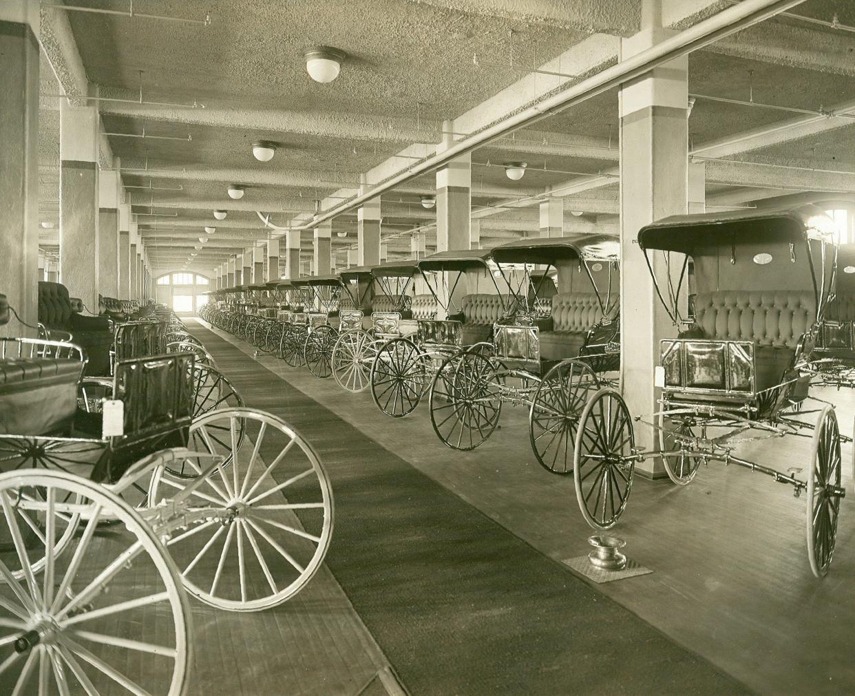 The first floor of the Studebaker Corp. headquarters orginally housed a diplay of the company's wagons, carriers and automobiles. Most of the vehicles are now in the Studebaker National Museum.