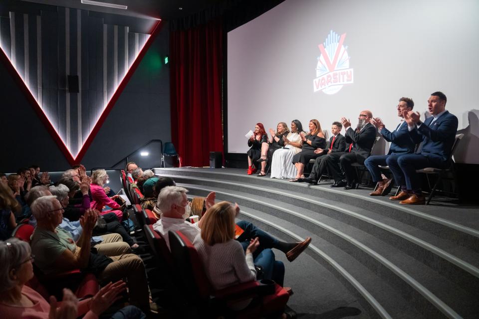 Cast members of "Shift: The RAGBRAI Documentary" take questions after a screening at the Varsity Cinema, Thursday, May 4, 2023.