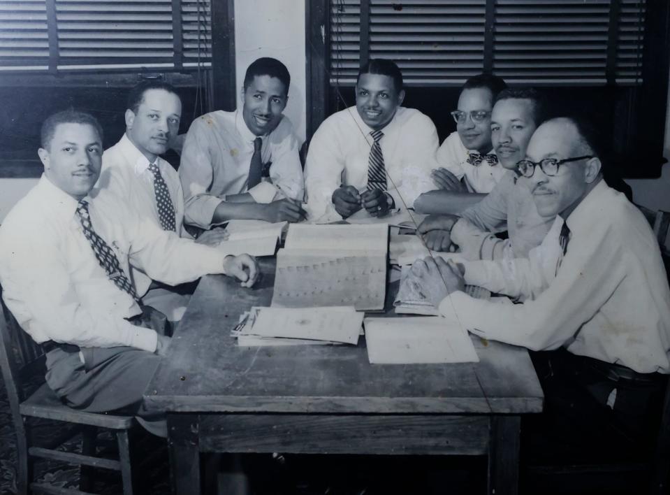 Ed Brazelton, third from left, with other African American businessmen during a meeting in the 1950s in Detroit of the Booker T. Washington Business Association. His daughter, Alice Brazelton-Pittman, is the owner of Brazelton Floral and it is in the same location her father started the business in a house on West Grand Boulevard in Detroit near the Motown Museum.