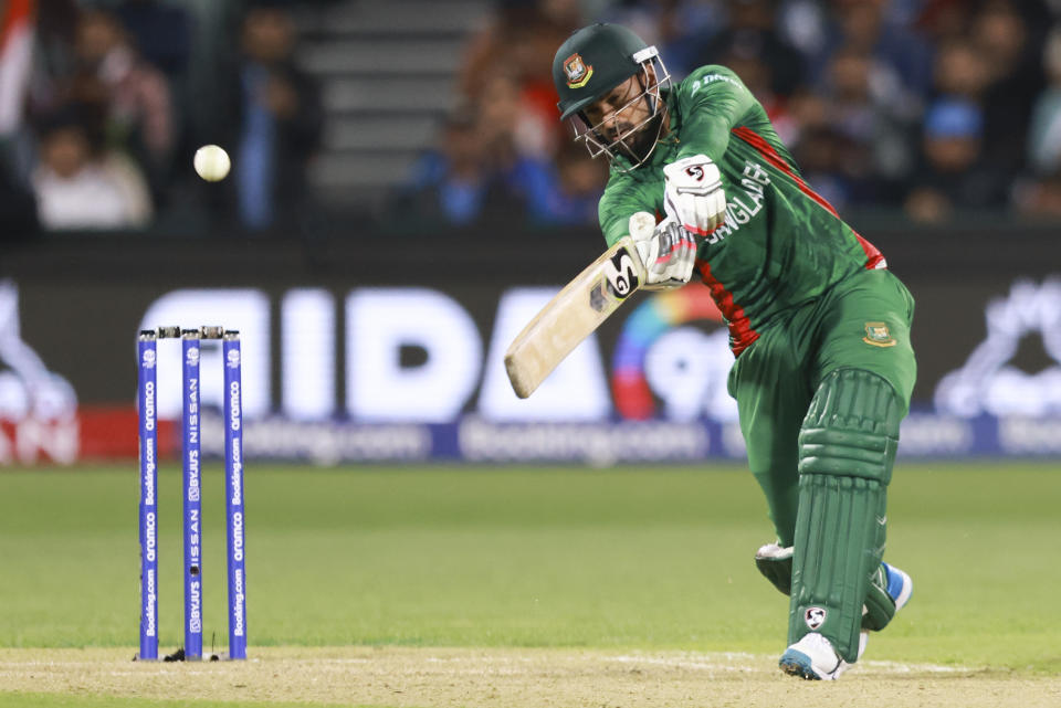 Bangladesh's Litton Das hits the ball to the boundary during the T20 World Cup cricket match between India and Bangladesh in Adelaide, Australia, Wednesday, Nov. 2, 2022. (AP Photo/James Elsby)