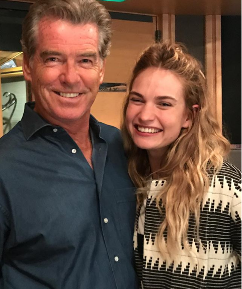 Here We Go Again: Pierce Brosnan with Lily James (image @piercebrosnan)