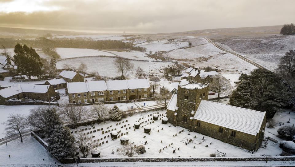 St Mary's Church in Goathland, North Yorkshire, is surrounded by snow as weather warnings for snow and ice are in place across all four nations of the UK and more are expected to be issued as Arctic air sweeps across the country. Picture date: Tuesday March 7, 2023. (Photo by Danny Lawson/PA Images via Getty Images)