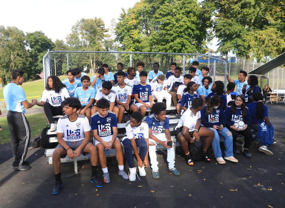 Soccer players from throughout the City of Poughkeepsie wait to start using the mini soccer pitches which were opened at Pulaski Park on October 12, 2022. The new soccer facilities were installed through the support of Dutchess County native Tyler Adams, the U.S. Soccer Foundation and the county.