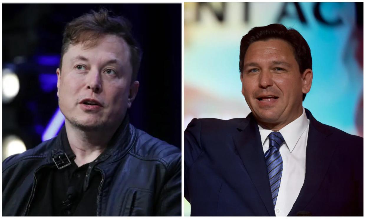 Composite image of Elon Musk (L) and Ron DeSantis (R).
