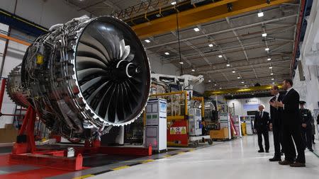 Britain's Prince William, visits the Rolls Royce XWB engine assembly line with Simon Middlebrough, Director of Assembly and Aerospace Testing during a visit to the Rolls Royce factory in Derby, November 30, 2016. REUTERS/Paul Ellis/Pool