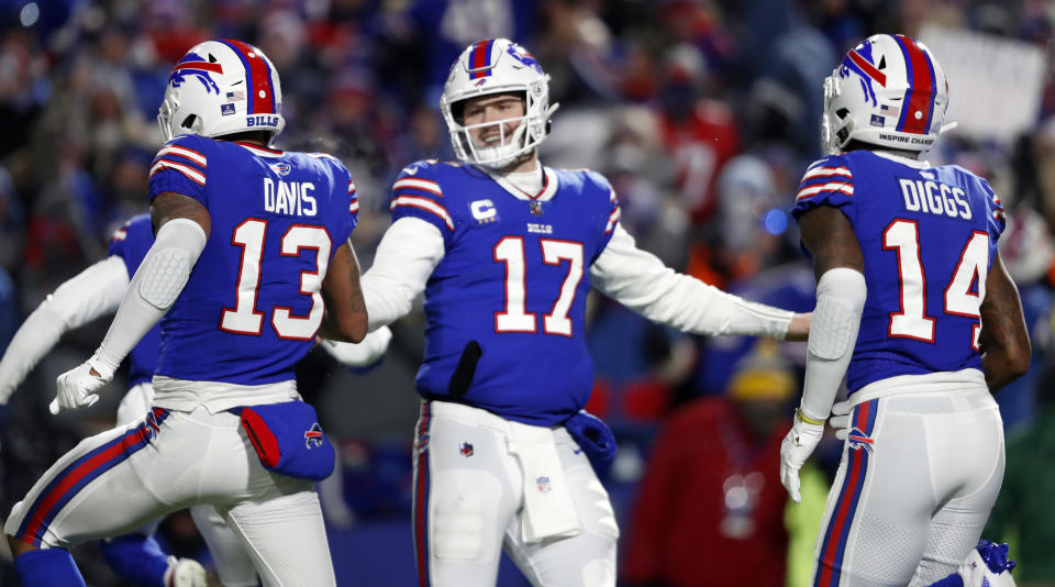 As Bills QB Josh Allen leans more on emerging NFL talent Gabriel Davis next season, how will it impact Stefon Diggs' fantasy value? (Photo by Jim Davis/The Boston Globe via Getty Images)