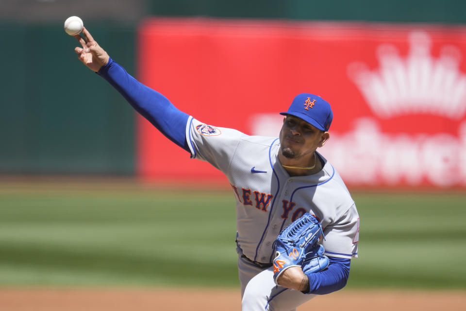 New York Mets' Jose Butto pitches against the Oakland Athletics during the first inning of a baseball game in Oakland, Calif., Sunday, April 16, 2023. (AP Photo/Jeff Chiu)