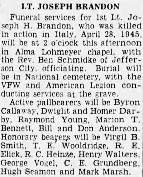 An obituary for Lt. Joseph Brandon of Springfield in the Springfield News-Leader on Nov. 30, 1948. Brandon was killed in an airplane crash in Cervinara, Italy in April 1945.