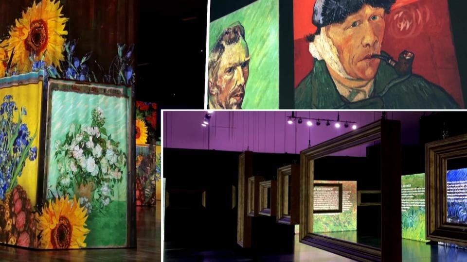 A collage of Vincent Van Gogh paintings as part of an art exhibition.