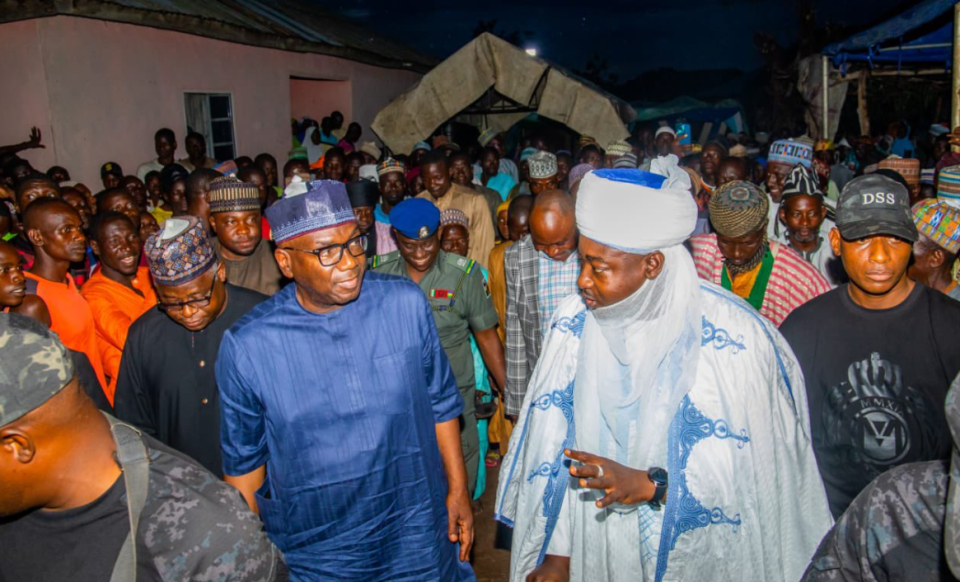 Kwara Governor Abdulrahman Abdulrazaq's office issued a statement expressing sadness for the families of more than 100 people killed after a boat capsized in a Nigerian river on June 12, 2023. The governor, at front left in blue, said he continued "to monitor the rescue efforts already mounted since Monday night in search of possible survivors.”