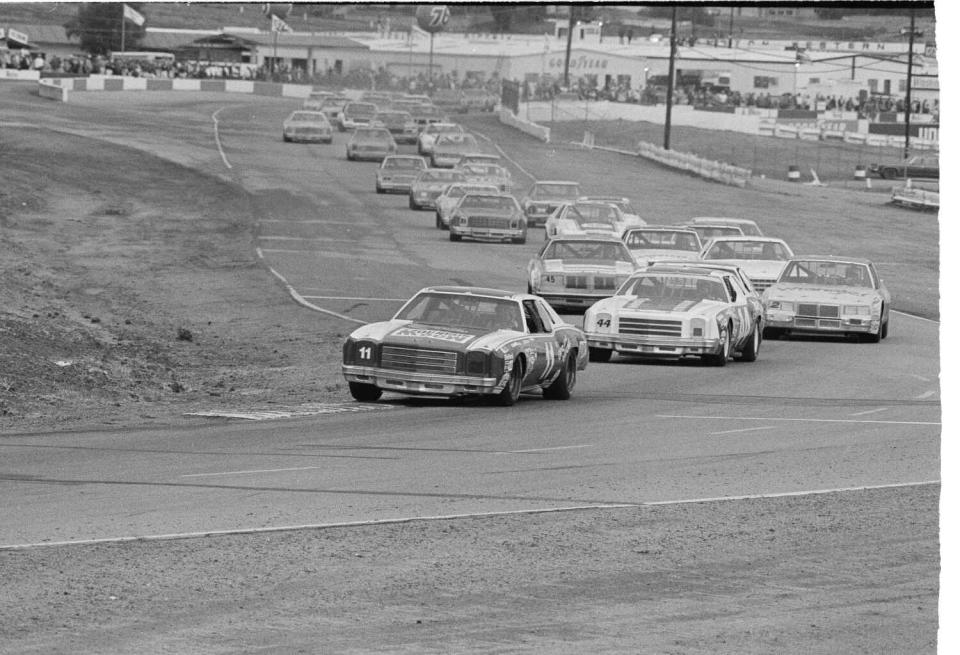 Darrell Waltrip leads the field during the The Winston Western 500 at Riverside International Raceway in January 1981.