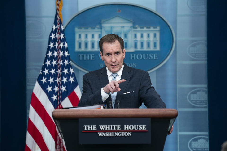 National Security Council spokesman John Kirby speaks during a press briefing at the White House, Monday, Feb. 13, 2023, in Washington. (AP Photo/Evan Vucci)