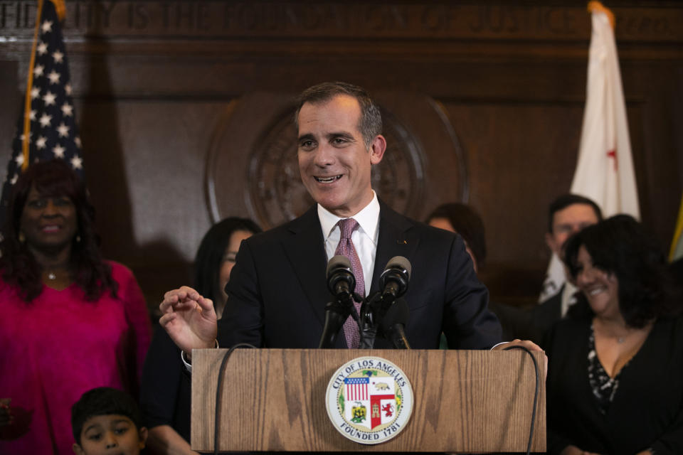 Los Angeles Mayor Eric Garcetti speaks during a news conference Tuesday, Jan. 29, 2019, in Los Angeles. Garcetti will not seek the Democratic presidential nomination in 2020, slightly winnowing a field that is still likely to be large and unwieldy for a party desperate to oust President Donald Trump.(AP Photo/Jae C. Hong)