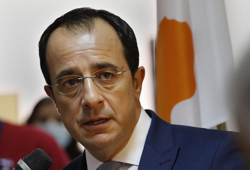 Cyprus Foreign Minister Nikos Christodoulides speaks during a joint press conference with his Lebanese counterpart Abdullah Bou Habib, in Beirut, Lebanon, Wednesday, Oct. 6, 2021. Christodoulides who is in Beirut for two days to meet with Lebanese officials, called on the Lebanese government to implement reforms quickly in order for the international community to unlock aid for Lebanon that is witnessing one of the worst economic crises in the world in decades. (AP Photo/Hussein Malla)