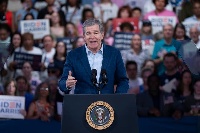 <p> Allison Joyce/Getty </p> North Carolina Gov. Roy Cooper speaks at a Biden-Harris rally in Raleigh on June 28, 2024