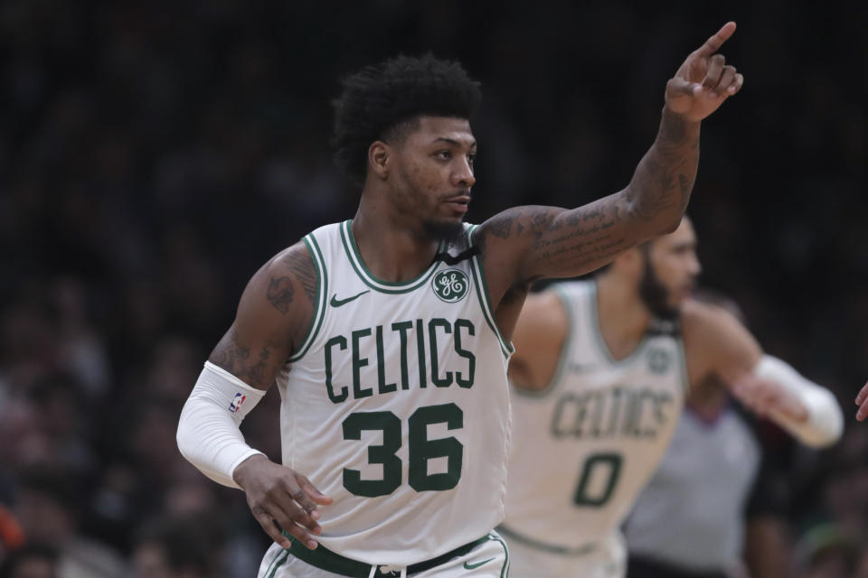 Boston Celtics guard Marcus Smart (36) during the second half of an NBA basketball game in Boston, Monday, Jan. 13, 2020. The Celtics defeated the Bulls 113-101. (AP Photo/Charles Krupa)