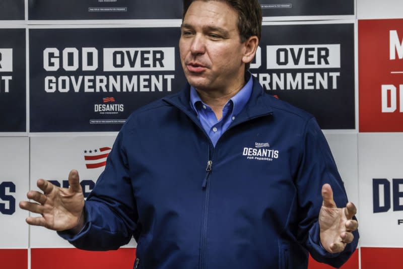 Florida Governor and then-Republican presidential candidate Ron DeSantis speaking at his Iowa campaign headquarters in Urbandale, Iowa in January. On Monday, DeSantis singed one of the country's most restrictive bills on social media use for minors. Photo by Tannen Maury/UPI