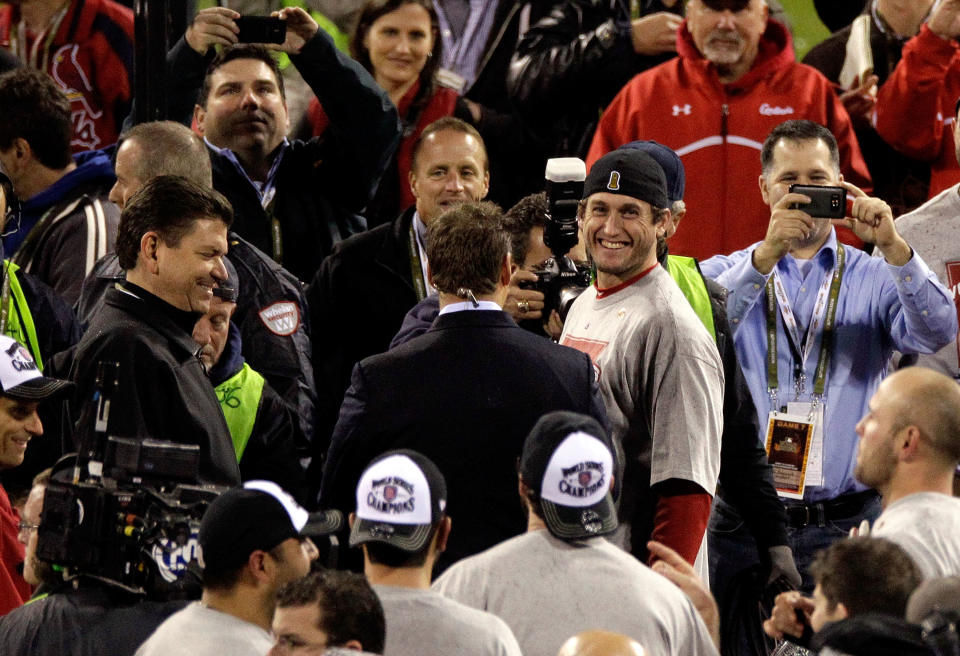 ST LOUIS, MO - OCTOBER 28: World Series MVP David Freese #23 of the St. Louis Cardinals celebrates after defeating the Texas Rangers 6-2 in Game Seven of the MLB World Series at Busch Stadium on October 28, 2011 in St Louis, Missouri. (Photo by Rob Carr/Getty Images)