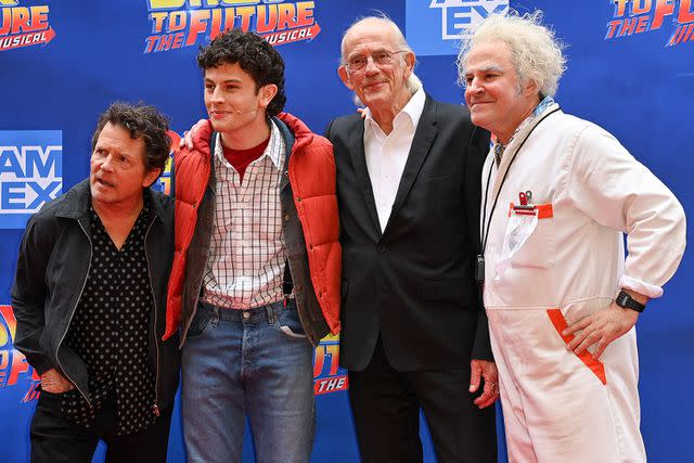 <p>Bryan Bedder/Variety via Getty Images</p> Michael J. Fox, Casey Likes, Christopher Lloyd and Roger Bart at 'Back to the Future: The Musical'