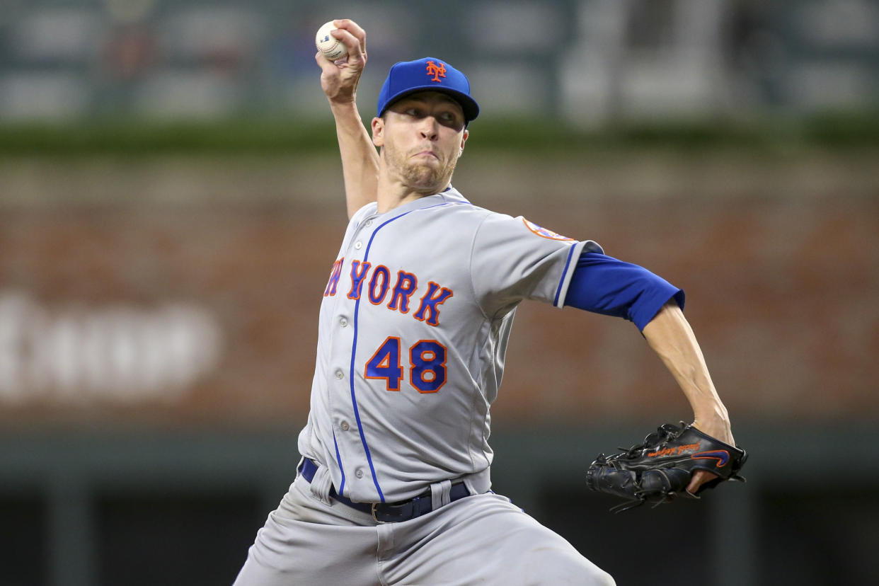 Jun 18, 2019; Atlanta, GA, USA; New York Mets starting pitcher Jacob deGrom (48) throws against the Atlanta Braves in the ninth inning at SunTrust Park. Mandatory Credit: Brett Davis-USA TODAY Sports