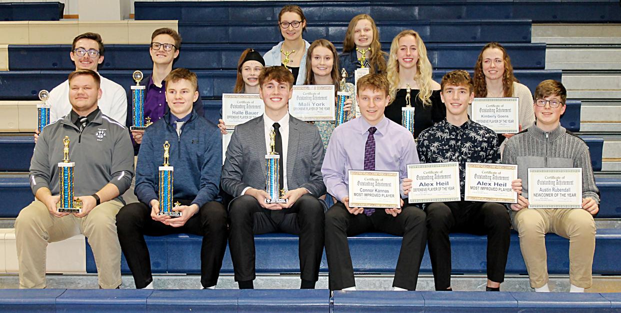 These 13 students received special awards Sunday night during the Great Plains Lutheran High School Winter Activities Banquet. Award winners include, from left in front, Trent Lien, Ethan Kjenstad, Sam Hansen, Connor Kannas, Alex Heil and Austin Rubendall; middle row, Jakson Cowles, John Abrahamson, Halle Bauer, Mali York, Bryn Holmen and Kimberly Goens; and back row, Ruby Leins and Chloe Wolfe.