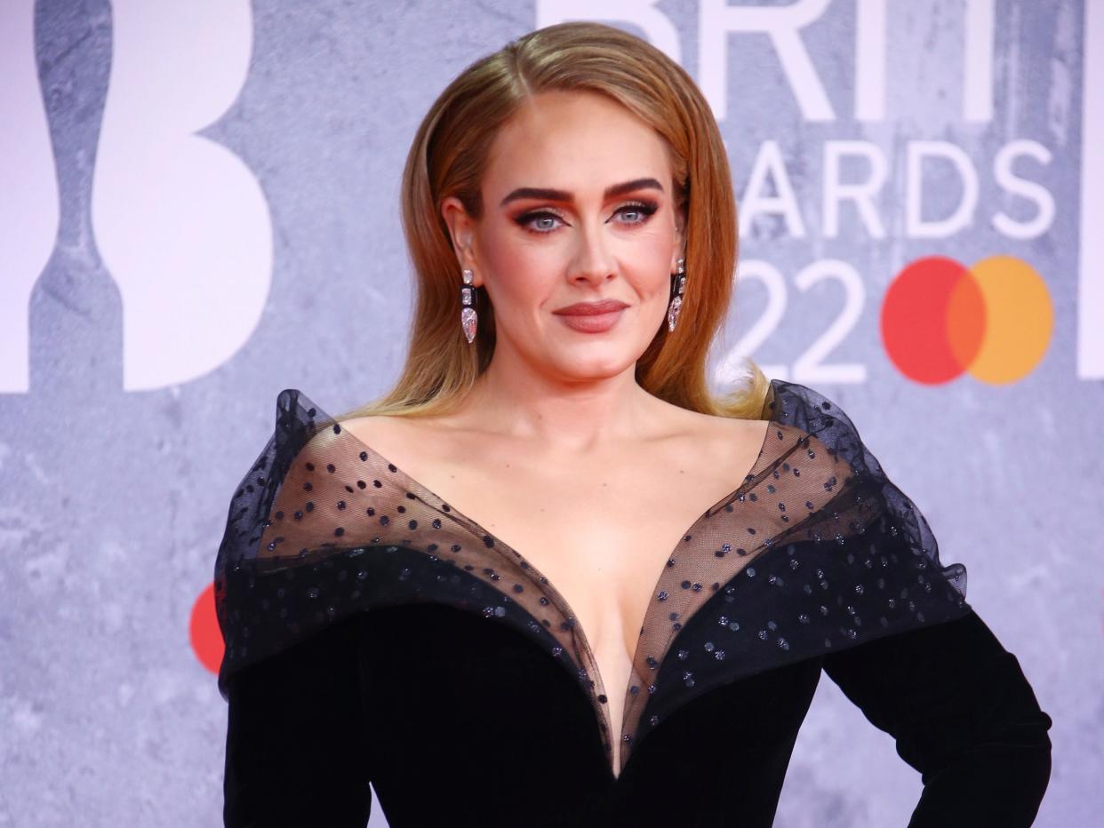 Adele in. black gown with a plunging tulle neckline.