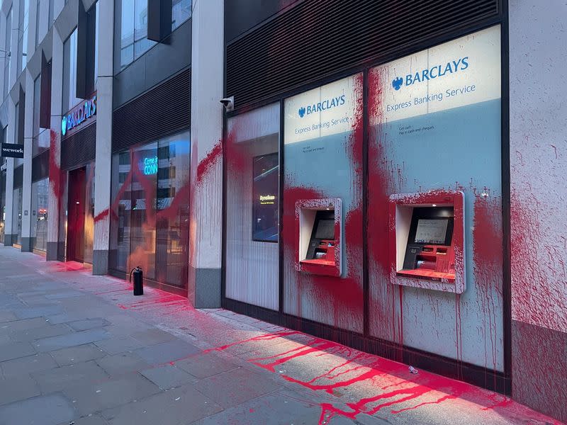 A view of red paint on the Barclays branch building in London
