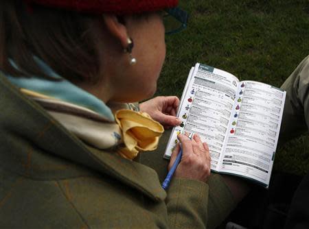 A racegoer studies the race card during the Cheltenham Festival horse racing meet in Gloucestershire, western England March 11, 2014. REUTERS/Eddie Keogh