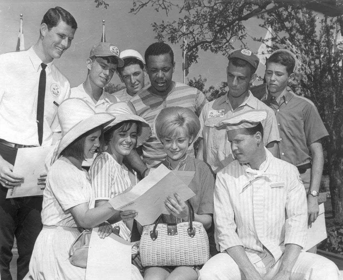 Sept. 5, 1966: Winners of the first Six Flags Educational Scholarships are, back row, left to right, Thomas Beene, Joe Cholopisa, Michael Carter, Robert Frazier, Richard Thomas and David Grigsby. Bottom, left to right, Janyce Hatcher, Jean Heidt, Vickie Foster and Ronald Sheckels