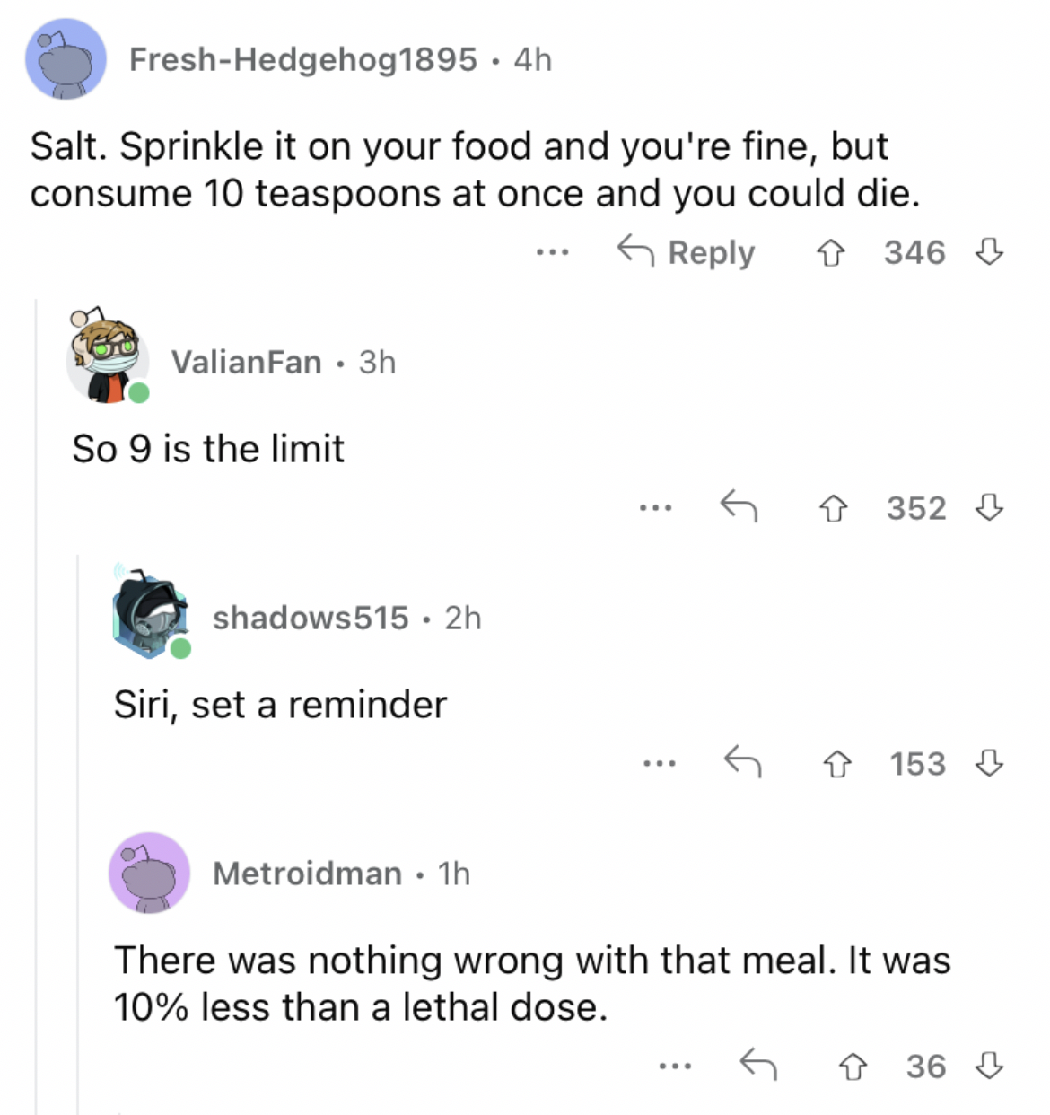 Reddit screenshot about not over-consuming salt.