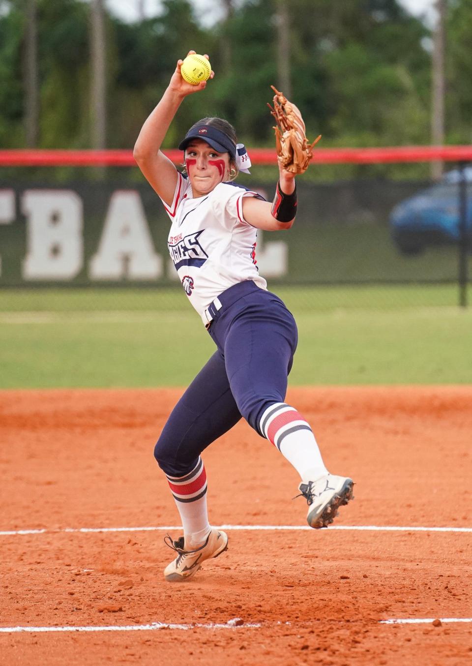 Centennial's Hailey Brereton delivers a pitch during the first inning against South Fork in a high school softball game on Monday, April 1, 2024 in Martin County. The Eagles won 4-0.