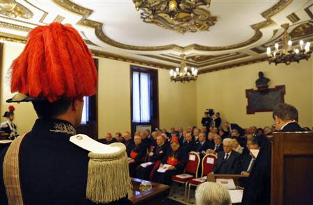 Cardinals sit in the hall of the Palace of the Tribunal during the opening of the Judicial Year of the Tribunal of Vatican City at the Vatican, January 11, 2014. REUTERS/Stefano Rellandini