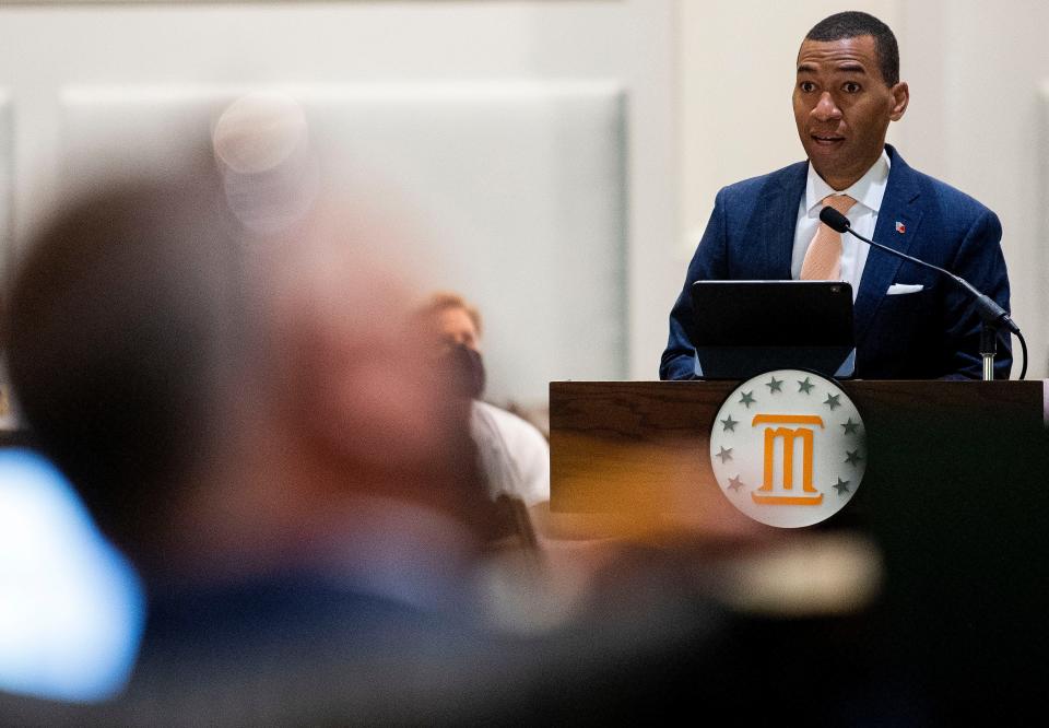 Montgomery Mayor Steven Reed speaks at a City Council meeting in Montgomery, Ala., on May 4.