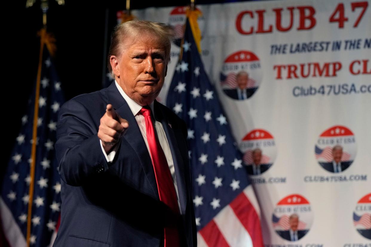Republican presidential candidate former President Donald Trump gestures after speaking Wednesday, Oct. 11, 2023, at Palm Beach County Convention Center in West Palm Beach, Fla. (AP Photo/Rebecca Blackwell)