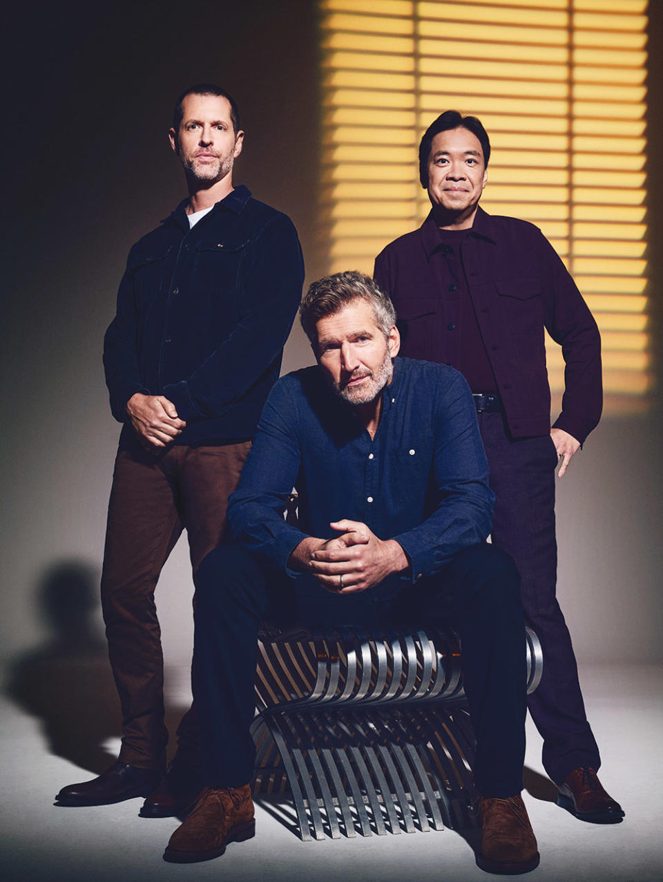 “It was the first thing we’d come across since Thrones where we were actually scared. We knew this is going to be hard,” says David Benioff (seated), with co-showrunners Dan Weiss (left) and Alexander Woo. They were photographed Oct. 24 at Smashbox Studios in Culver City.