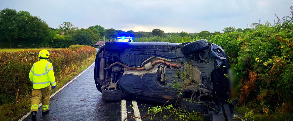 The aftermath of a single-vehicle collision on the B2135 near Partridge Green. (Twitter/PA)