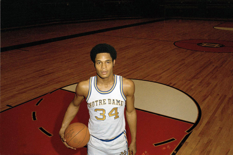 FILE - This is a January 1970 file photo showing Notre Dame college basketball player Austin Carr. Carr played for Notre Dame in an era when prolific scorers dominated college basketball. LSU's Pete Maravich, still No. 1 on the all-time points list, was scoring 40 a night. Niagara's Calvin Murphy, Purdue's Rick Mount and St. Bonaventure's Bob Lanier, along with Carr, were others putting up eye-popping numbers. It wasn't until Carr scored a still-standing NCAA Tournament-record 61 points against Ohio in the first round in 1970 that, in his mind, he started to separate himself. (AP Photo/File)