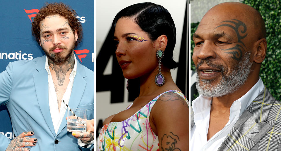 Celebrity face tattoos: From left, Post Malone, Halsey and Mike Tyson all have facial inkings. [Photo: Getty]