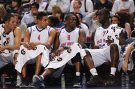 MANCHESTER, ENGLAND - JULY 19: Luol Deng of Team GB (#9) and teamates look on from the bench during their 118-78 defeat during the Men's Exhibition Game between USA and Team GB at Manchester Arena on July 19, 2012 in Manchester, England.