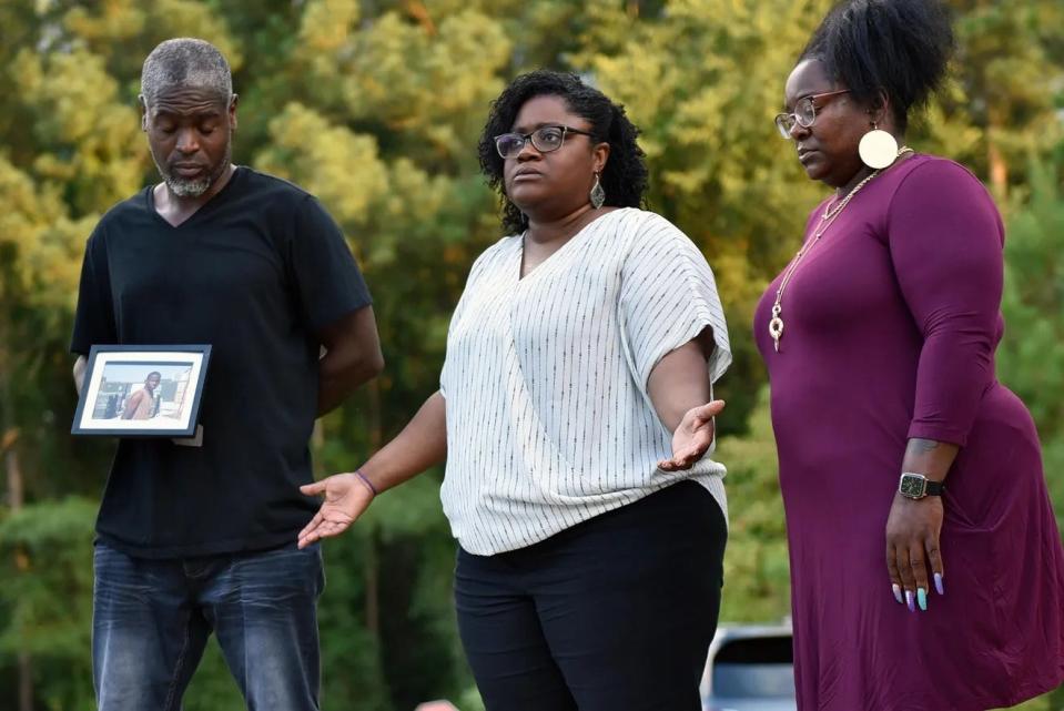 Sabara Fisher-Roberts speaks to reporters during a vigil Aug. 20, 2020, for her husband Adrian Jason Roberts, killed by deputies in his Summerfield Drive home Aug. 18, 2020.