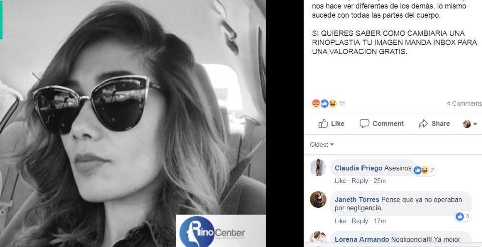 Promoción del RinoCenter de Ciudad Juárez en Facebook donde una mujer quedó en coma tras una rinoplastia.